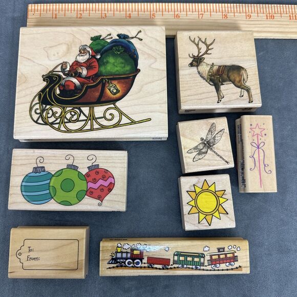 Stampabilities Wood Rubber Stamp Lot Christmas Holiday Santa Reindeer Train Tag - Picture 1 of 11